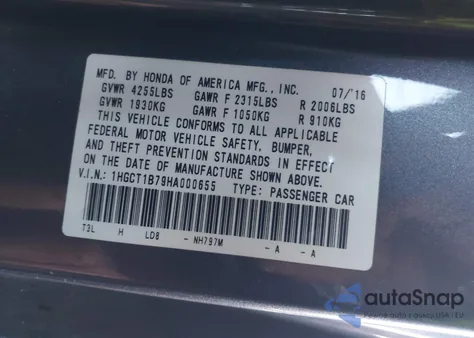 2017 Honda Accord Ex из США, поврежденный, VIN 1HGCT1B79HA000655